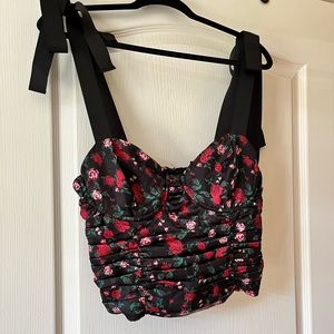 CROP CORSET ROSE TOP WITH BLACK RIBBON STRAPS